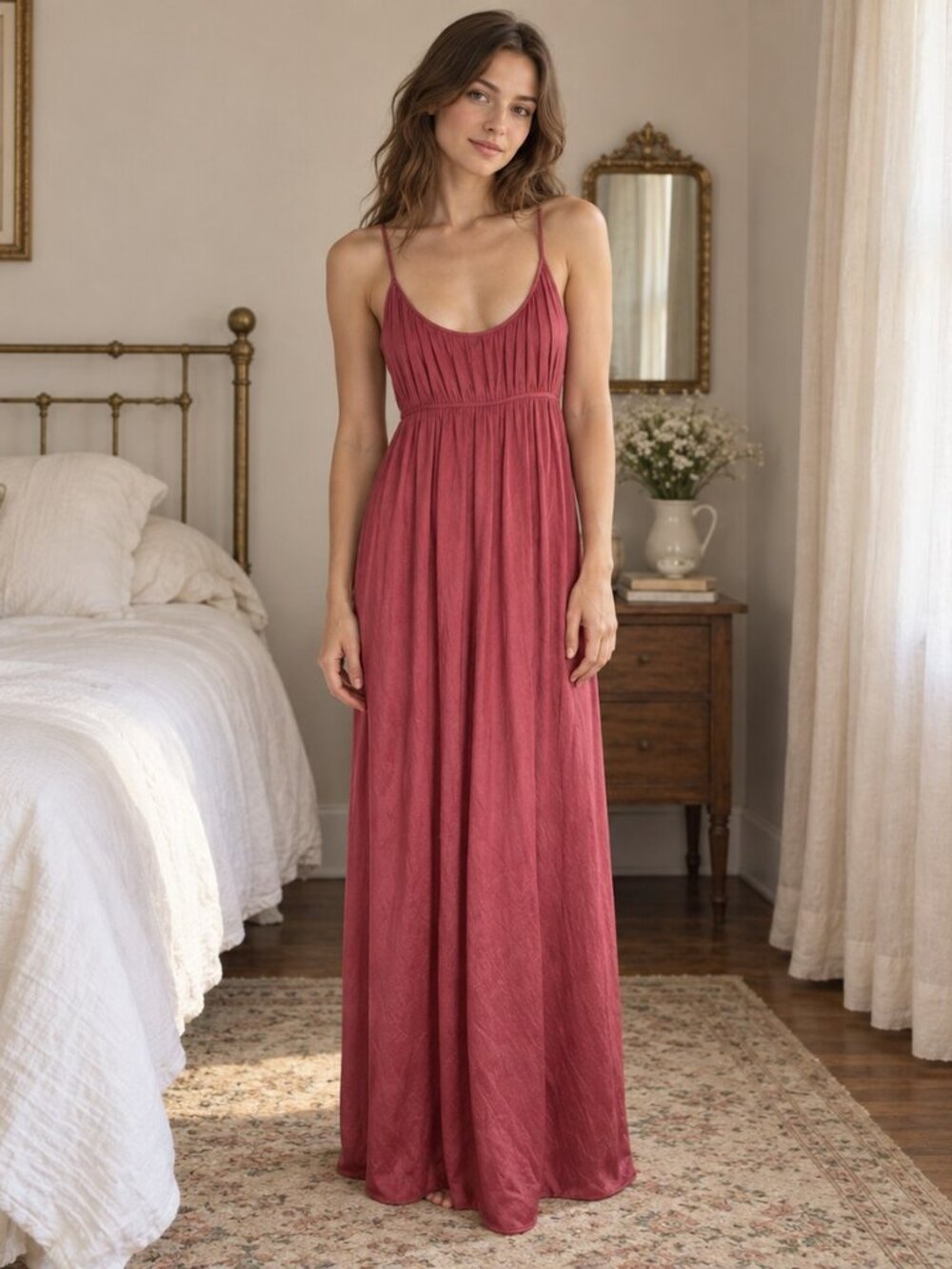 Vintage 1970s Kayser Burgundy Empire Waist Maxi Nightgown Lingerie S USA